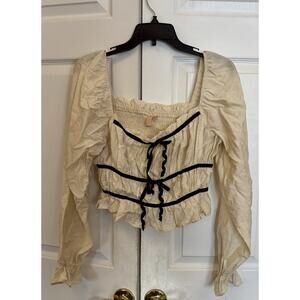 NWOT Thirty Thirty Smocked Milkmaid Crop Top sz Large Cream White Black Bow NEW